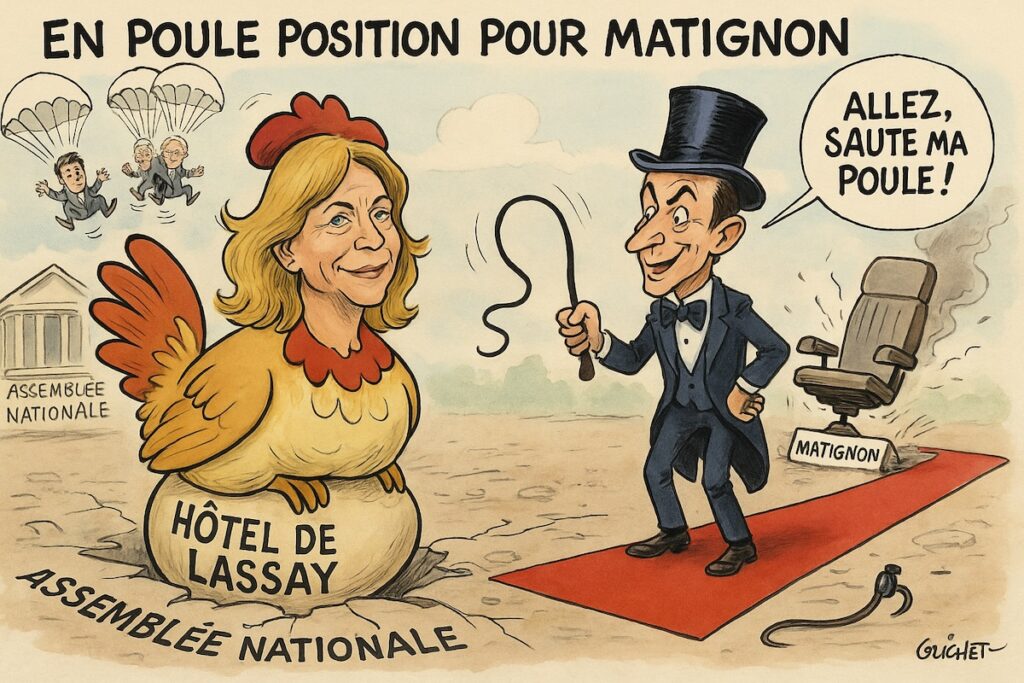 Caricature satirique de Yaël Braun-Pivet en poule sur un perchoir, prête à s’élancer vers Matignon.