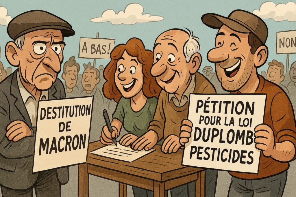 Manifestants hésitant à signer la destitution de Macron, mais signant avec entrain la pétition sur les pesticides