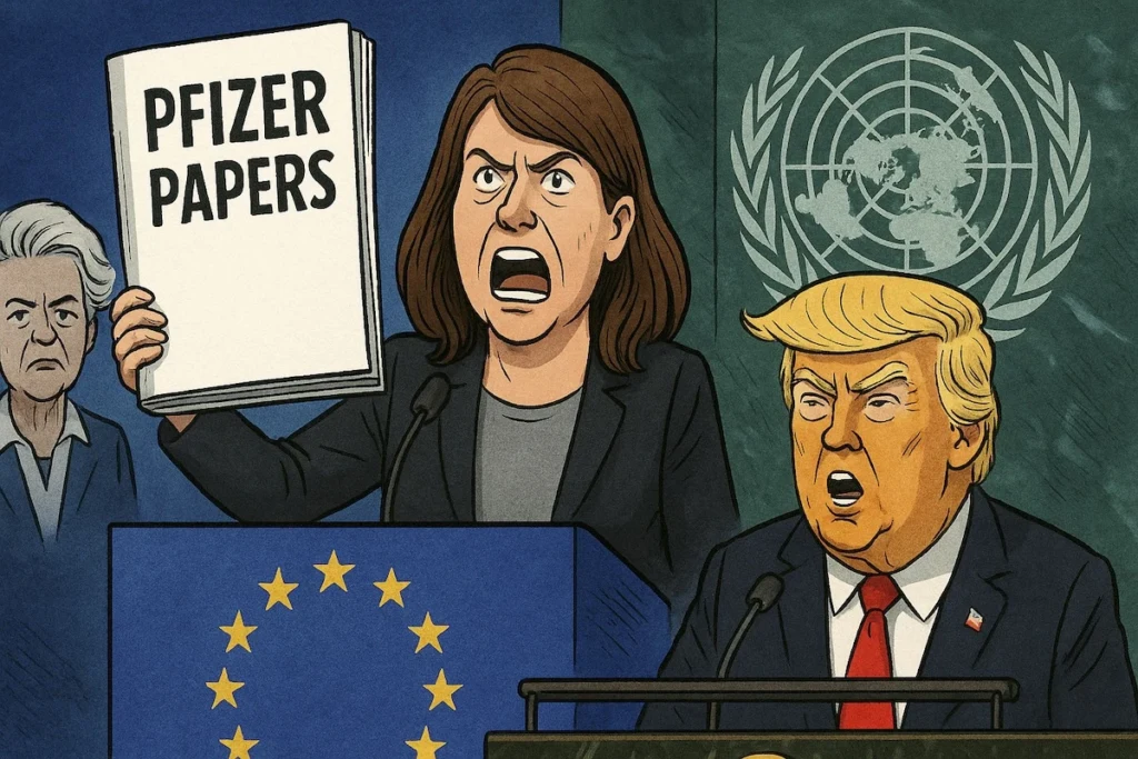 Naomi Wolf brandissant les Pfizer Papers au Parlement européen, Trump en arrière-plan à l’ONU, ton sarcastique et accusateur