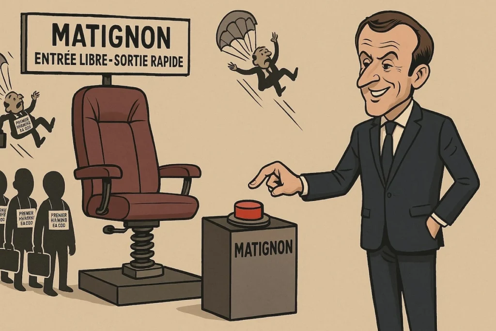 Caricature satirique de Macron devant un siège éjectable marqué « Matignon », en se demandant qui sera le prochain volontaire.