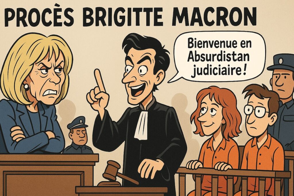 Caricature de Juan Branco au tribunal défendant Zoé Sagan, face à Brigitte Macron représentée en juge vexée.