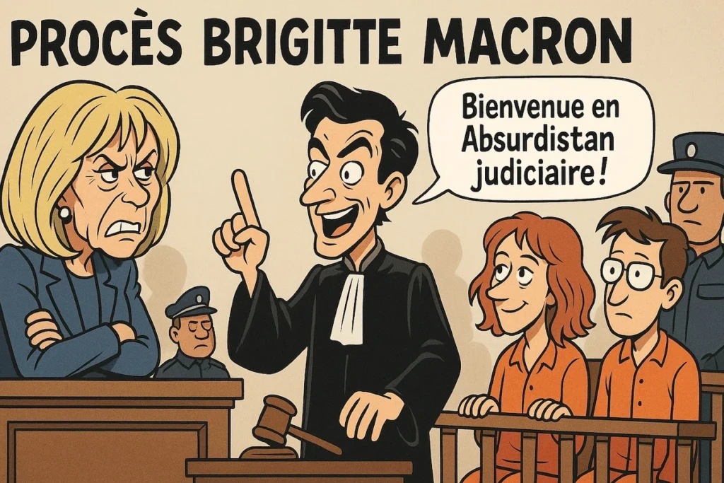 Caricature de Juan Branco au tribunal défendant Zoé Sagan, face à Brigitte Macron représentée en juge vexée.