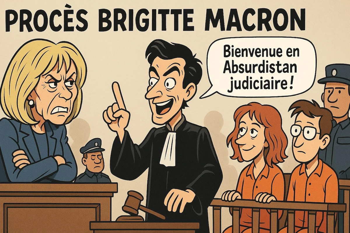 Caricature de Juan Branco au tribunal défendant Zoé Sagan, face à Brigitte Macron représentée en juge vexée.
