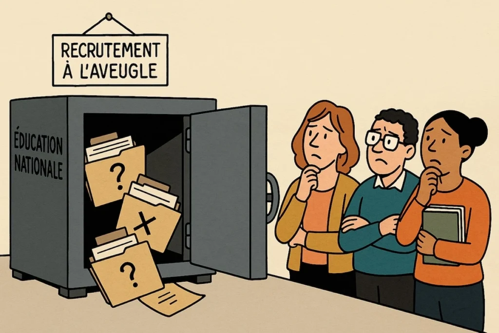 Une caricature 16:9 montrant un coffre-fort de l’Éducation nationale grand ouvert, avec une pancarte « Recrutement à l’aveugle », et des dossiers douteux qui en sortent pendant que des enseignants abasourdis regardent la scène.
