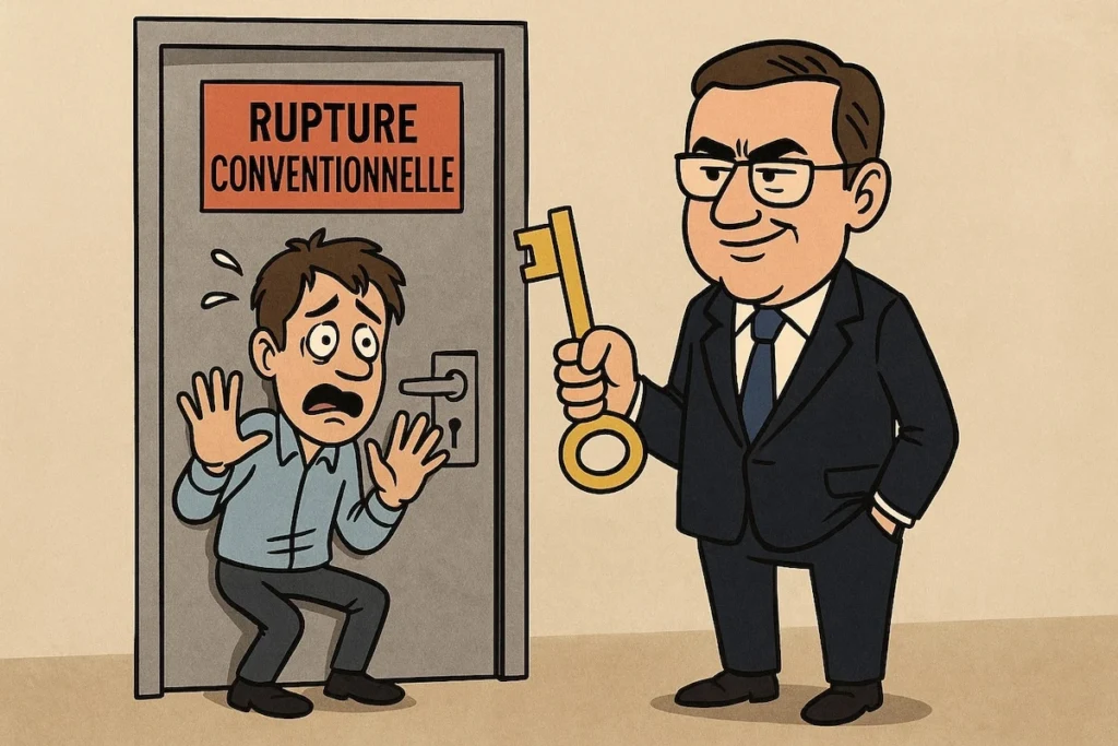 Caricature d’un salarié coincé derrière une porte fermée avec l’écriteau « rupture conventionnelle », Lecornu tenant la clé