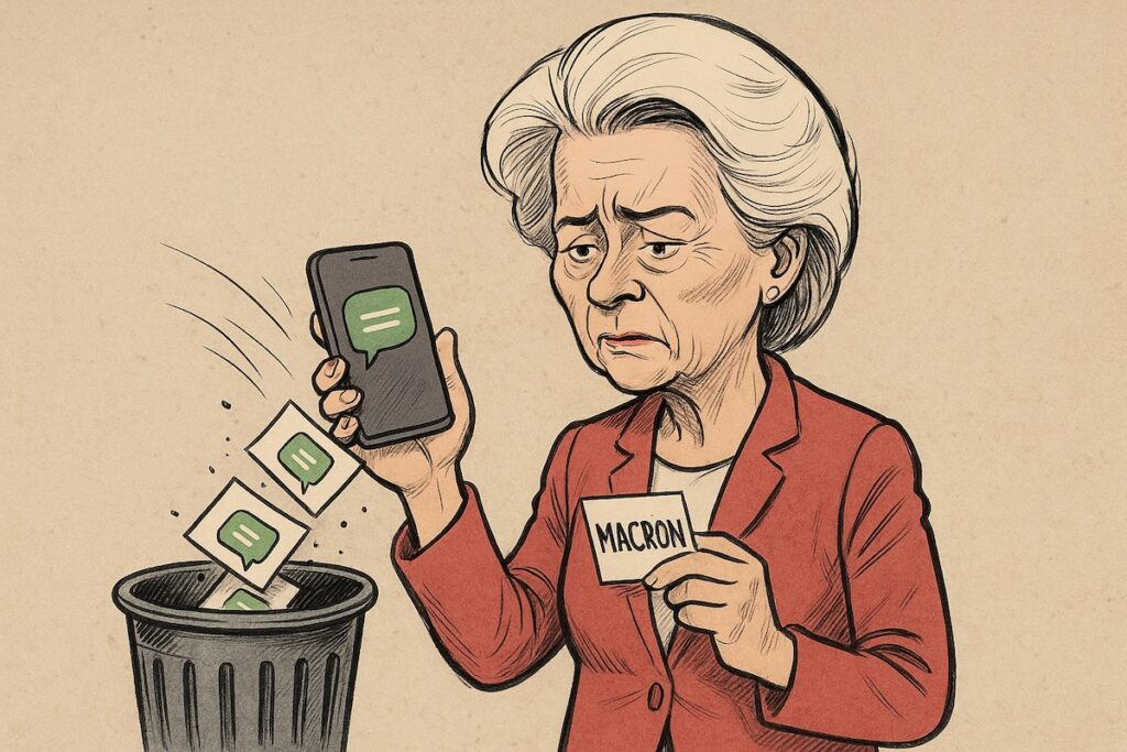 Ursula von der Leyen effaçant un SMS de Macron sur son téléphone avec un air gêné