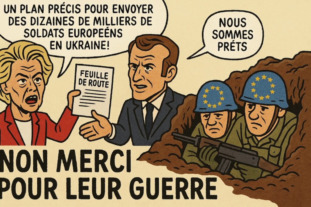 Caricature dénonçant le plan précis de Bruxelles pour envoyer des soldats européens en Ukraine