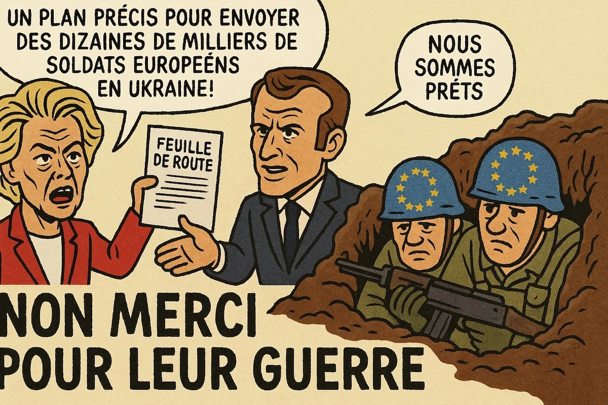Caricature dénonçant le plan précis de Bruxelles pour envoyer des soldats européens en Ukraine