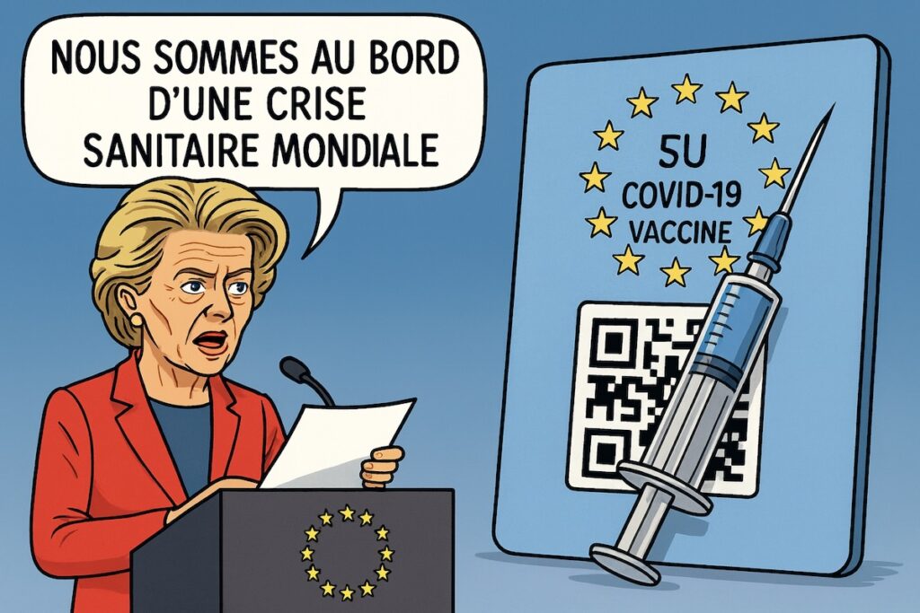 Ursula von der Leyen annonçant une crise sanitaire, avec en arrière-plan une carte vaccinale européenne symbolisant le contrôle