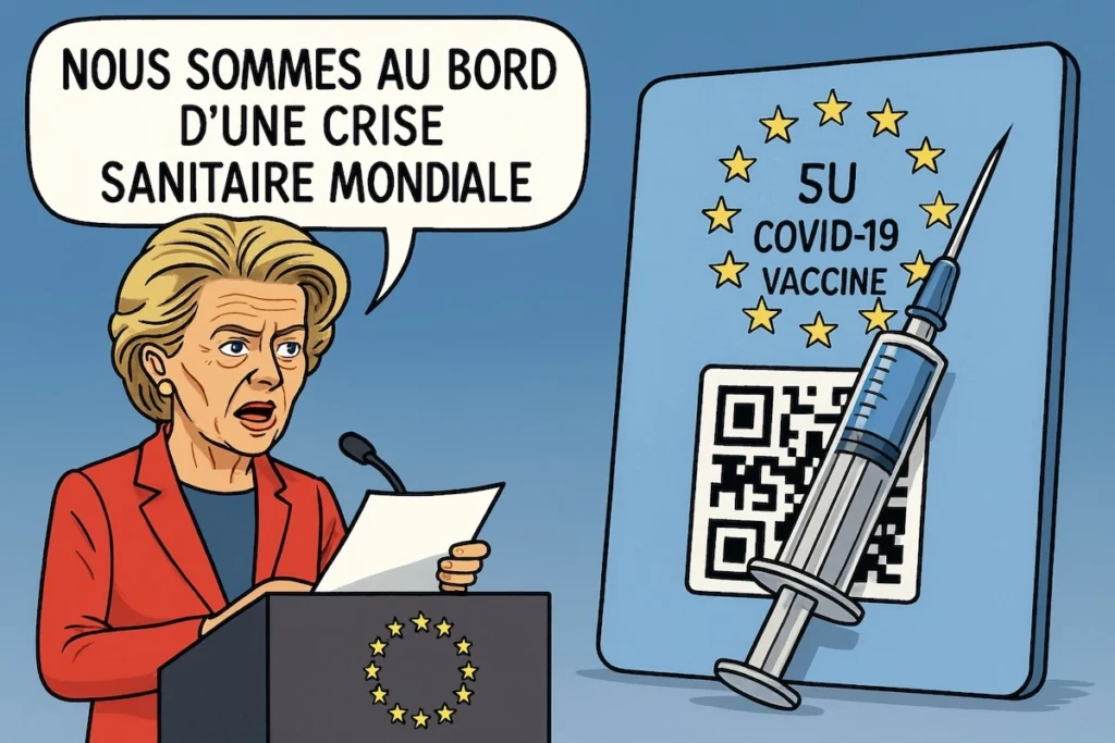 Ursula von der Leyen annonçant une crise sanitaire, avec en arrière-plan une carte vaccinale européenne symbolisant le contrôle
