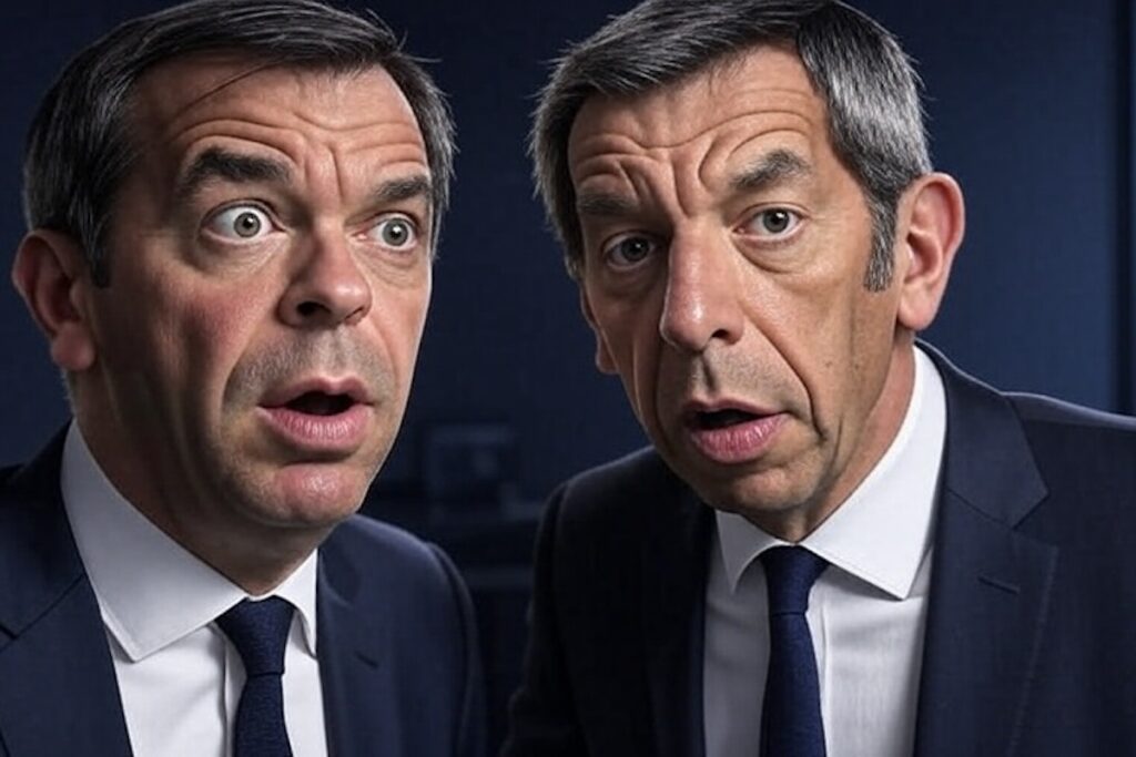 Caricature : Cymes gesticulant sur un plateau TV, une bulle « Kemmedy » au-dessus de sa tête, Véran à côté levant les yeux au ciel.