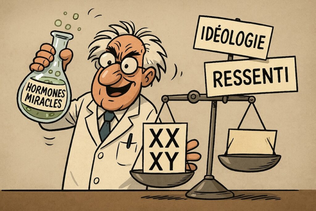 Caricature satirique d’un scientifique idéologue posant une blouse blanche sur un nourrisson, avec des hormones et des slogans militants.