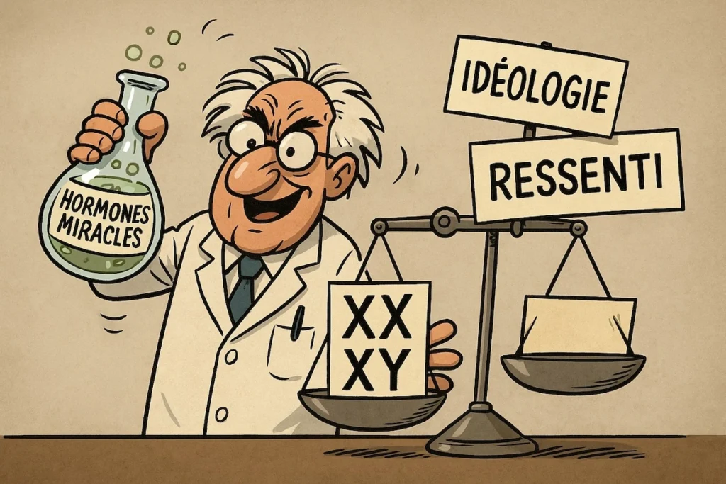 Caricature satirique d’un scientifique idéologue posant une blouse blanche sur un nourrisson, avec des hormones et des slogans militants.