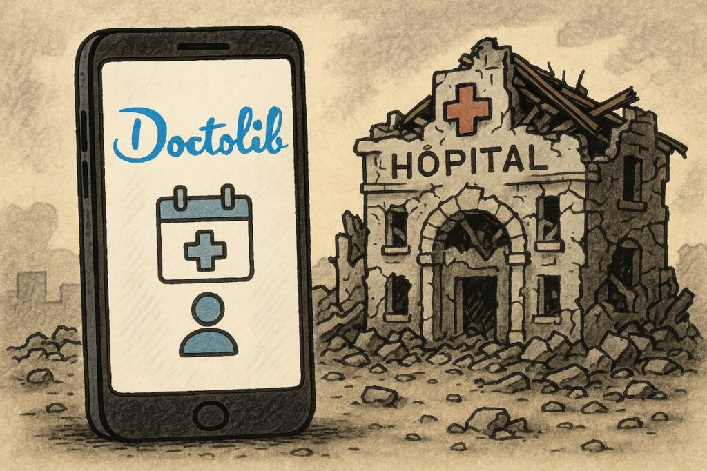 Illustration d’un smartphone affichant Doctolib au milieu d’un hôpital en ruine, symbolisant la fusion entre santé publique et intérêts privés
