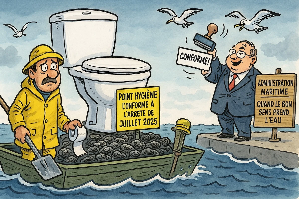 Caricature humoristique montrant un ostréiculteur sur une barge minuscule avec des toilettes géantes imposées par l’administration française.