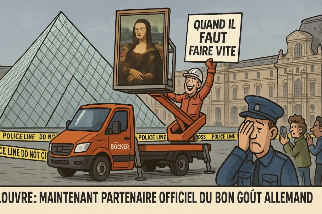 Caricature du Louvre transformé en décor publicitaire pour Boecker après le braquage, avec la Joconde hissée sur un monte-charge et le slogan “Quand il faut faire vite”.