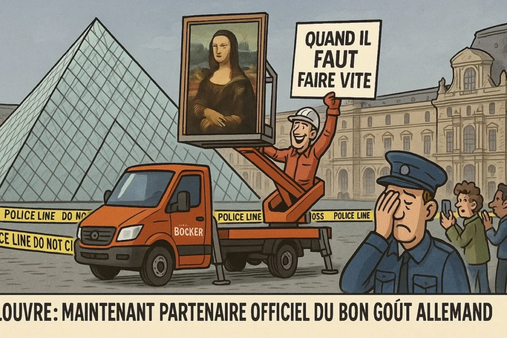 Caricature du Louvre transformé en décor publicitaire pour Boecker après le braquage, avec la Joconde hissée sur un monte-charge et le slogan “Quand il faut faire vite”.