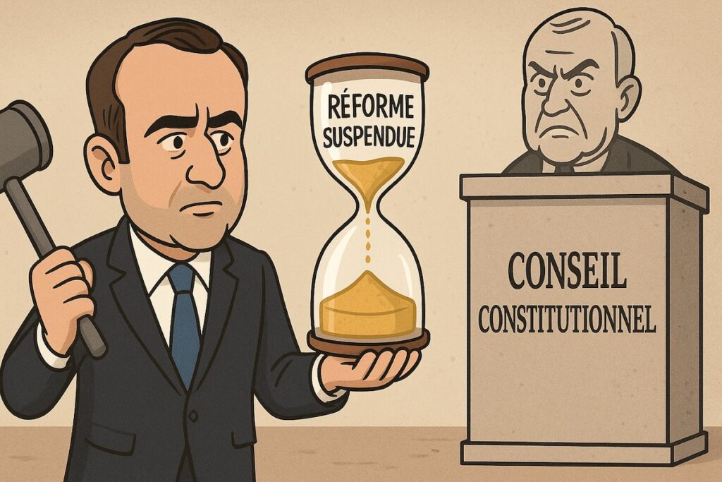 Sébastien Lecornu tenant un sablier “Réforme suspendue” sous le regard du Conseil constitutionnel.