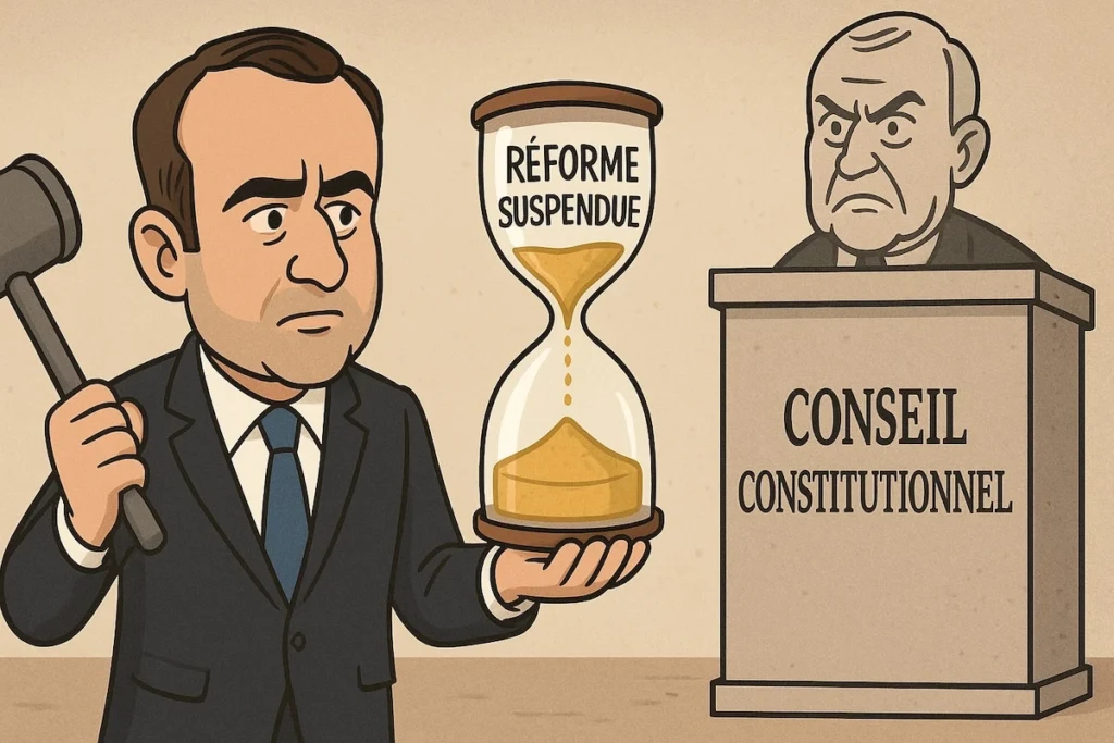 Sébastien Lecornu tenant un sablier “Réforme suspendue” sous le regard du Conseil constitutionnel.