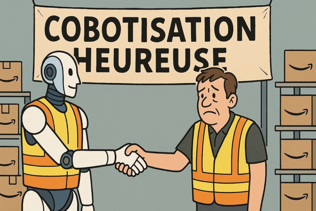 Robot Amazon en gilet jaune d’entrepôt, serrant la main d’un employé humain triste sous une bannière “Cobotisation heureuse”.