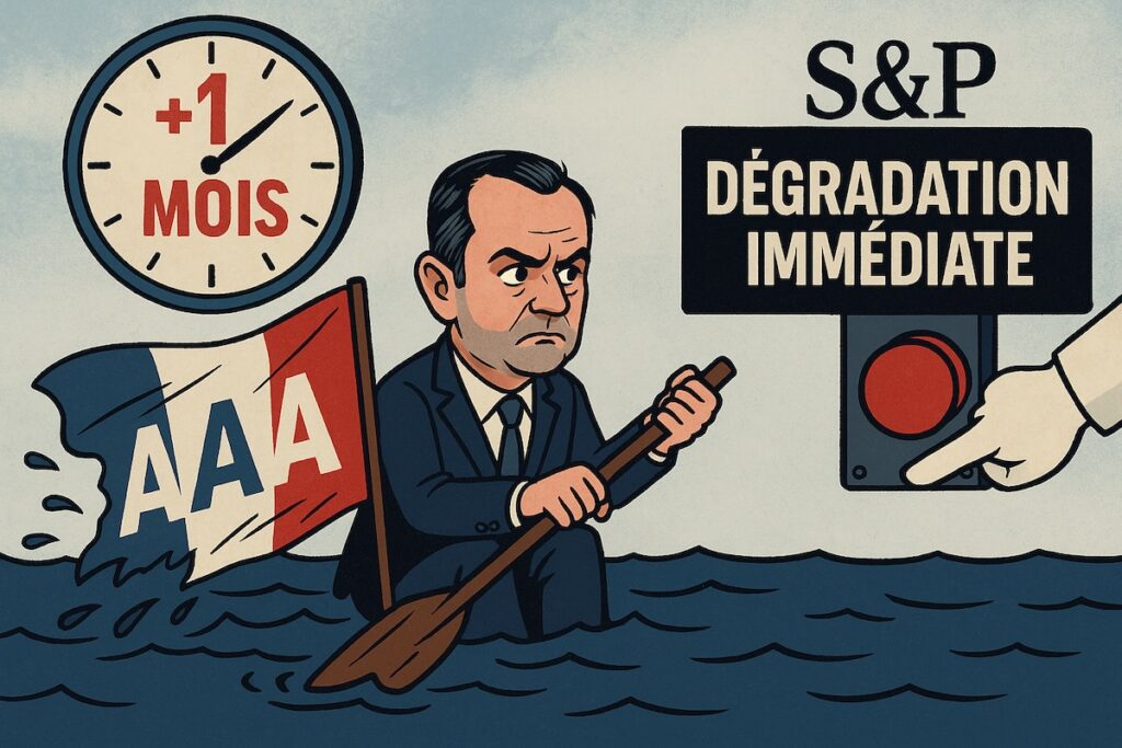 Caricature du Premier ministre Sébastien Lecornu essayant de coller un autocollant “AAA” sur un mur fissuré, tandis que S&P presse un bouton “dégradation immédiate”.