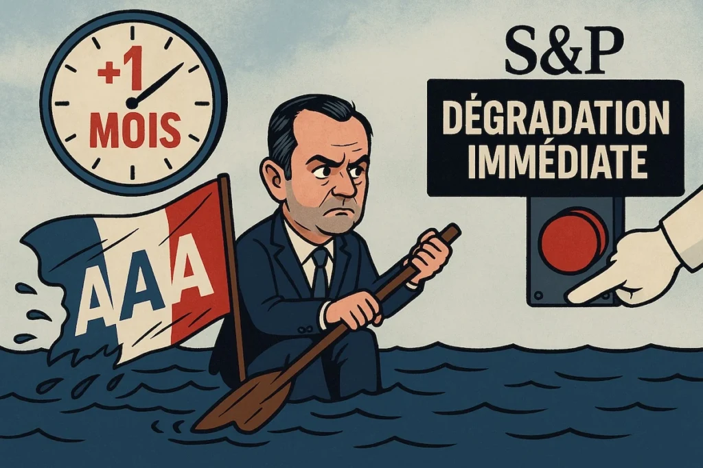 Caricature du Premier ministre Sébastien Lecornu essayant de coller un autocollant “AAA” sur un mur fissuré, tandis que S&P presse un bouton “dégradation immédiate”.