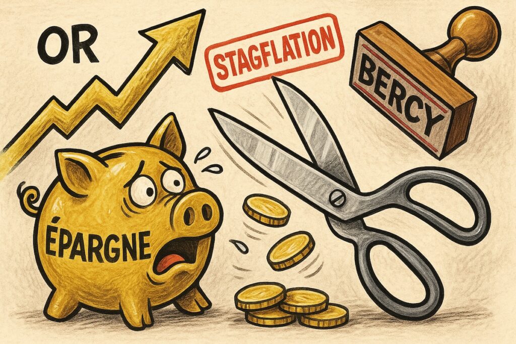 Graphique en chute, billets qui brûlent, lingot d’or au premier plan, tampon « Stagflation » en rouge.