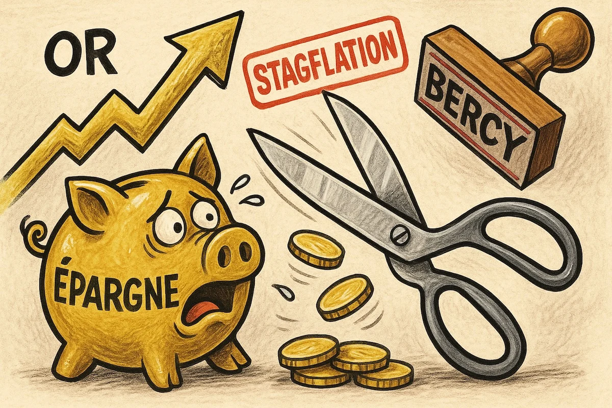 Graphique en chute, billets qui brûlent, lingot d’or au premier plan, tampon « Stagflation » en rouge.