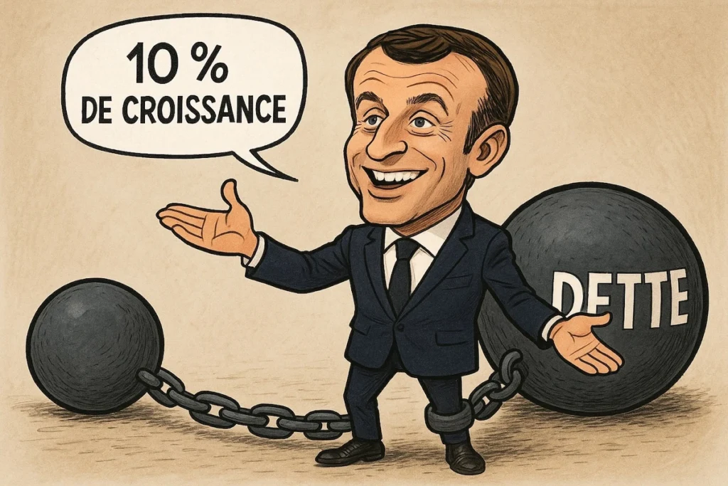 Emmanuel Macron souriant, parlant de croissance, tandis qu’un énorme boulet de dette traîne derrière lui.