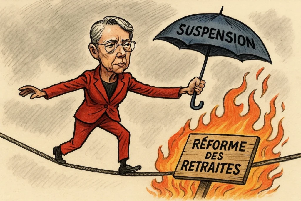 Caricature d’Élisabeth Borne en acrobate sur un fil au-dessus d’un feu marqué “Réforme des retraites”, tenant un parapluie “suspension” pour se sauver