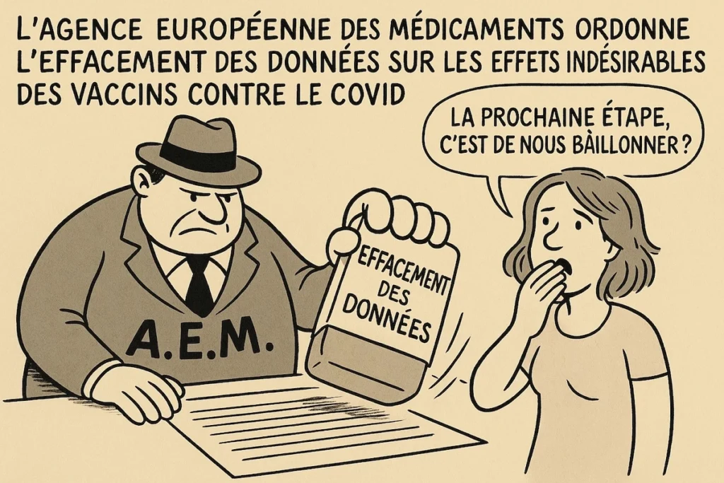 Caricature de l’EMA jetant des données “effets indésirables” dans une corbeille avec un grand sourire.
