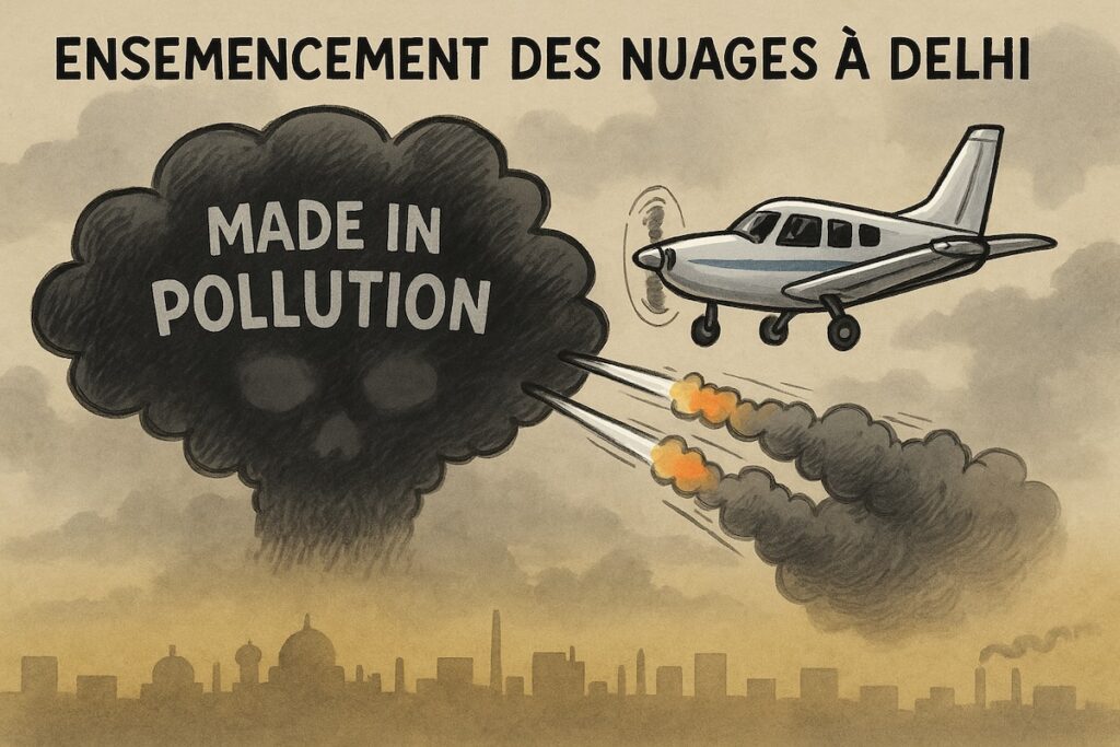 Avion tirant des fusées d’ensemencement des nuages au-dessus de Delhi enfumée, caricature satirique de la pollution atmosphérique