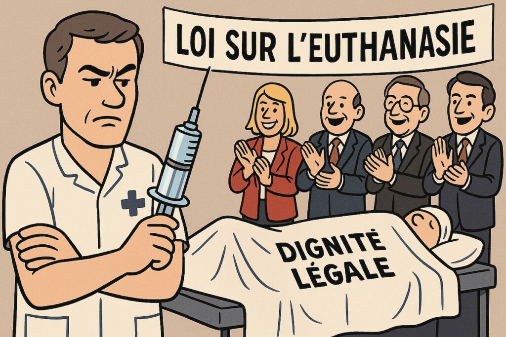 Caricature d’un infirmier serrant une seringue, entouré de députés applaudissant, avec un patient allongé sous un drap marqué “Dignité légale”.