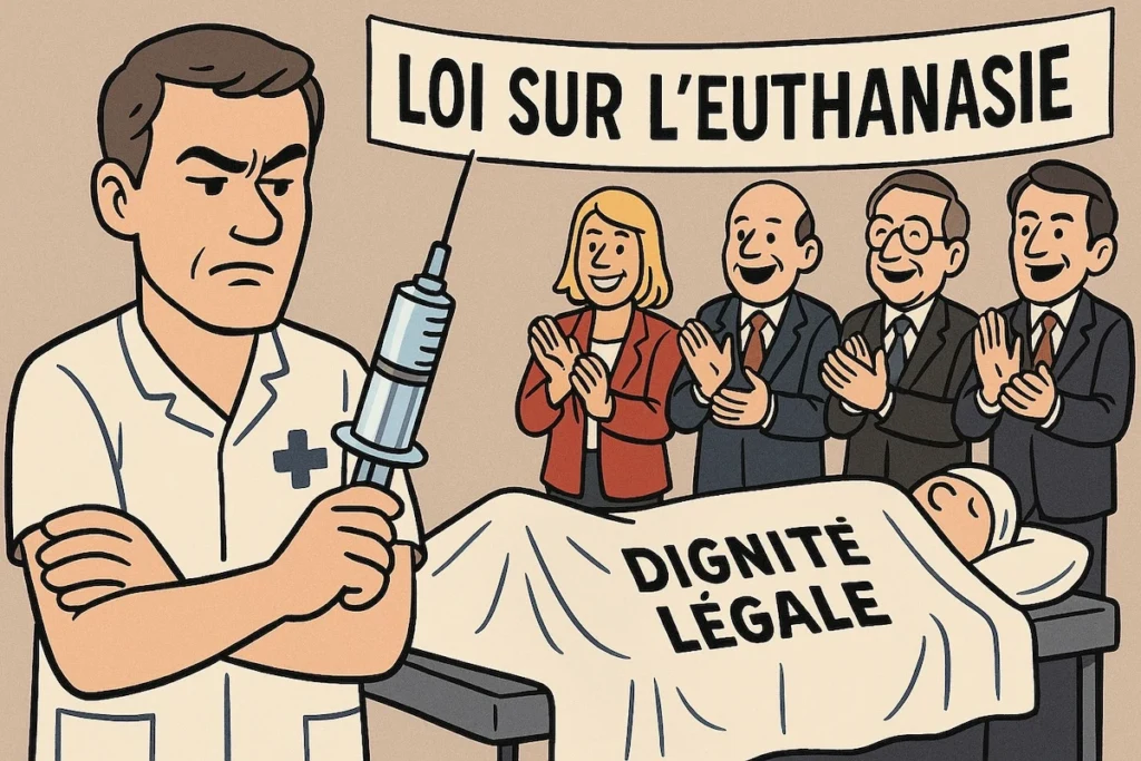 Caricature d’un infirmier serrant une seringue, entouré de députés applaudissant, avec un patient allongé sous un drap marqué “Dignité légale”.