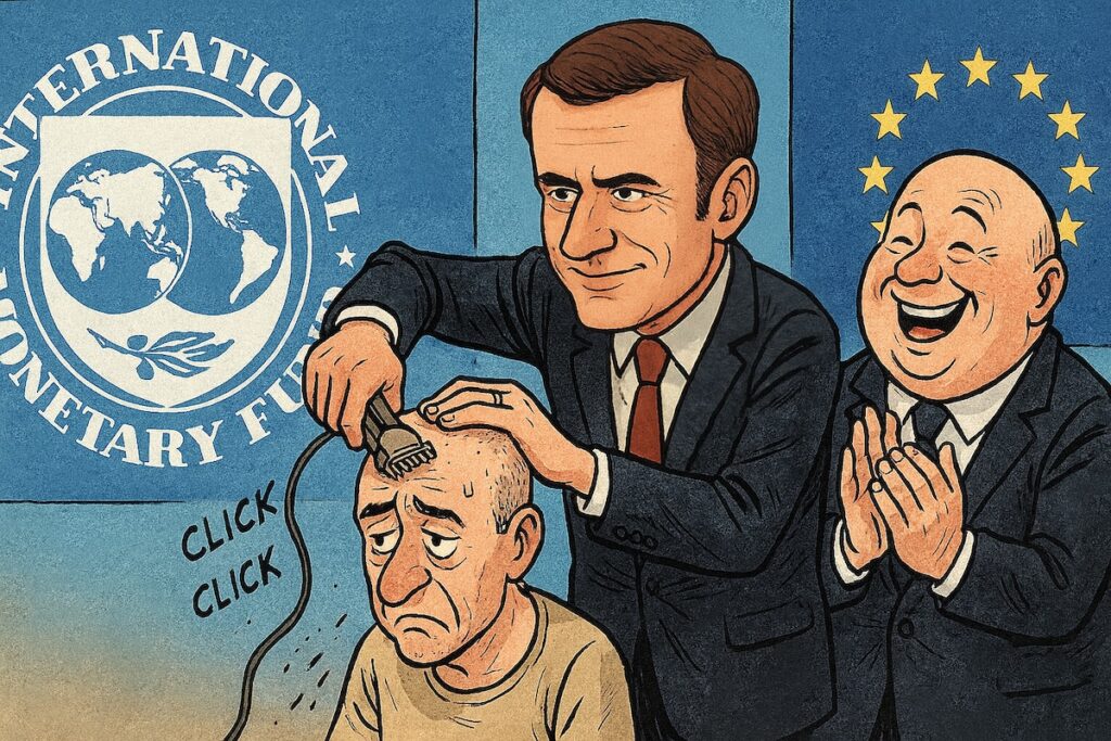 Caricature FMI optimiste budget 2026 : un politicien rase un citoyen pendant qu’un banquier applaudit.