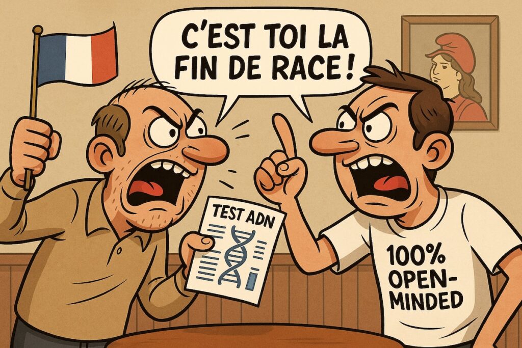 Caricature humoristique d’un débat absurde sur les Français de souche, version Madame-Raleuse