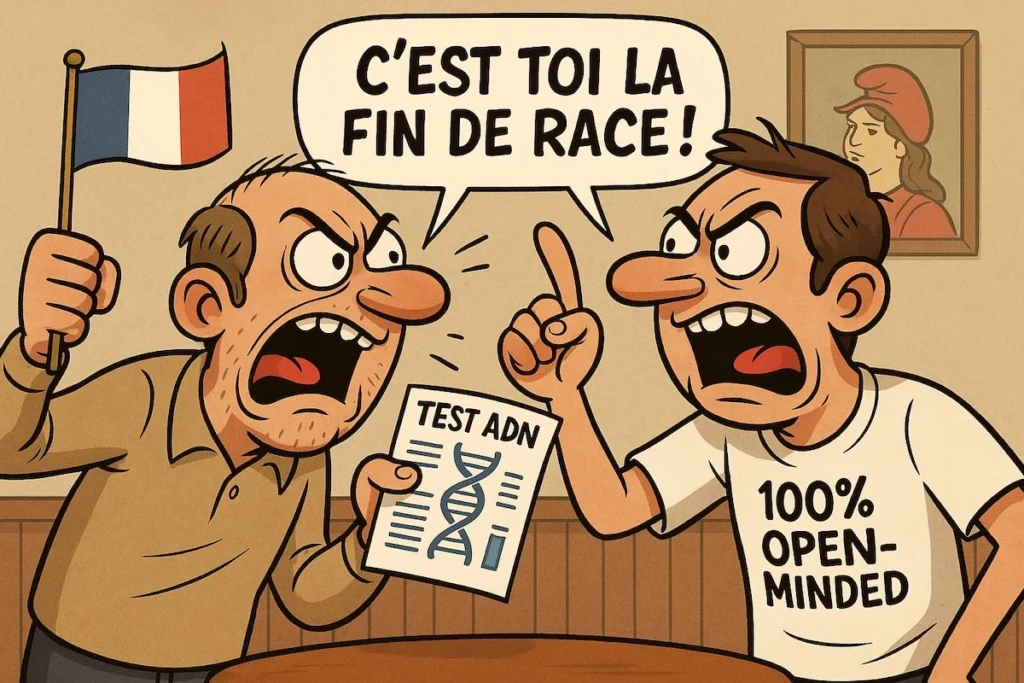 Caricature humoristique d’un débat absurde sur les Français de souche, version Madame-Raleuse