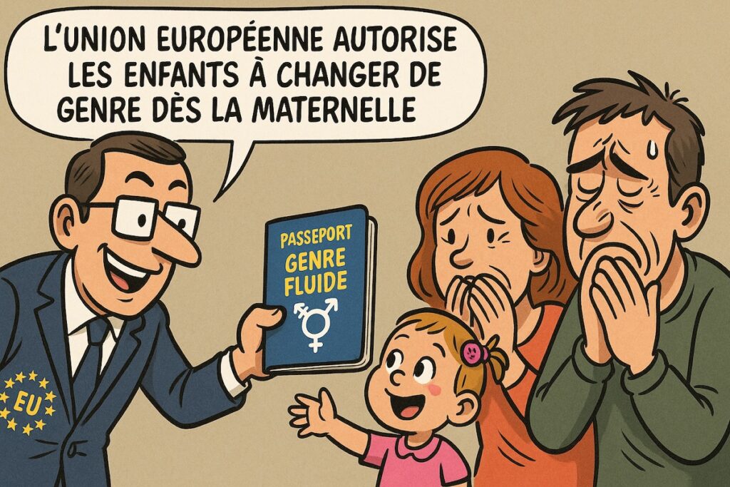 Caricature d’un bureaucrate de l’UE remettant un passeport “genre fluide” à un enfant de maternelle tandis que les parents se cachent la tête entre les mains.