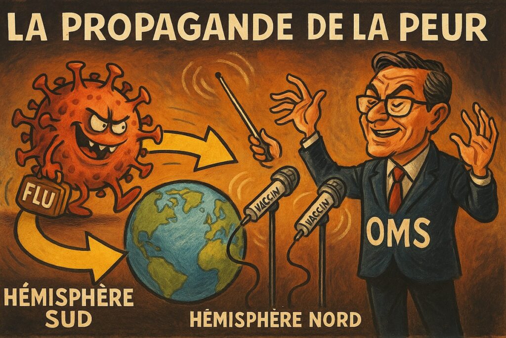 Caricature de la propagande de la peur, avec la grippe voyageant du sud au nord et l’OMS orchestrant la panique vaccinale.