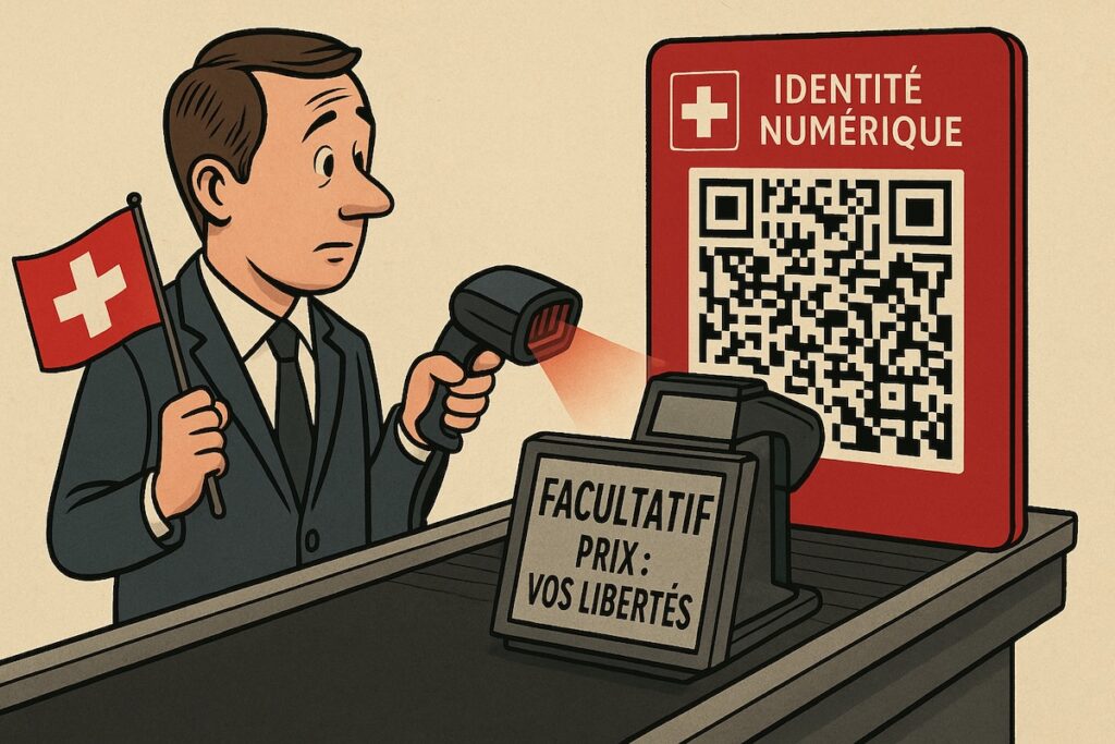 Passeport numérique suisse transformé en code-barres géant scannant un citoyen.