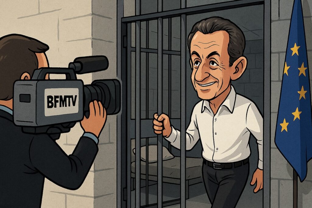 Caricature de Nicolas Sarkozy entrant en prison sous les caméras, sourire médiatique aux lèvres.