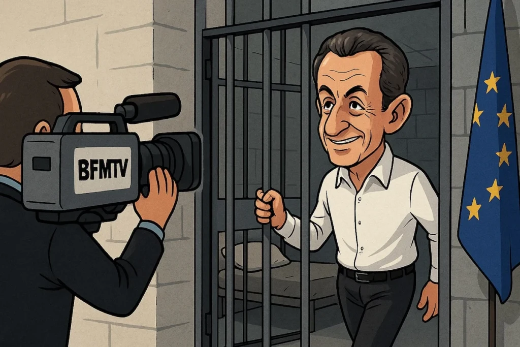 Caricature de Nicolas Sarkozy entrant en prison sous les caméras, sourire médiatique aux lèvres.