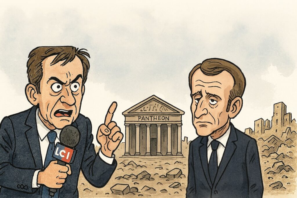 Journaliste de LCI décrivant Emmanuel Macron comme “le promeneur du champ de ruine” en plein direct