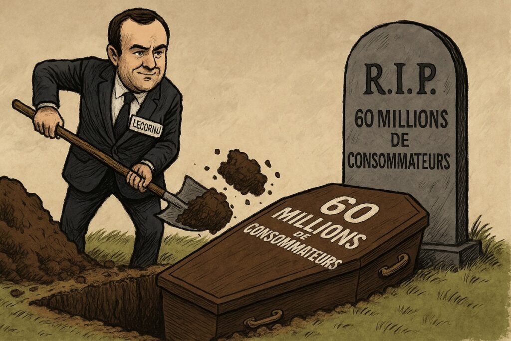 Illustration satirique d’un ministre creusant une tombe pour la revue « 60 millions de consommateurs ».