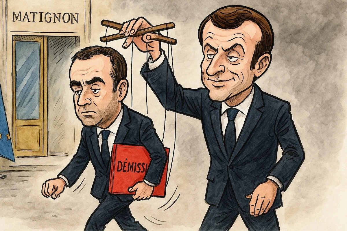 Sébastien Lecornu quitte Matignon, dossier sous le bras, regard fuyant, fond de drapeau européen.