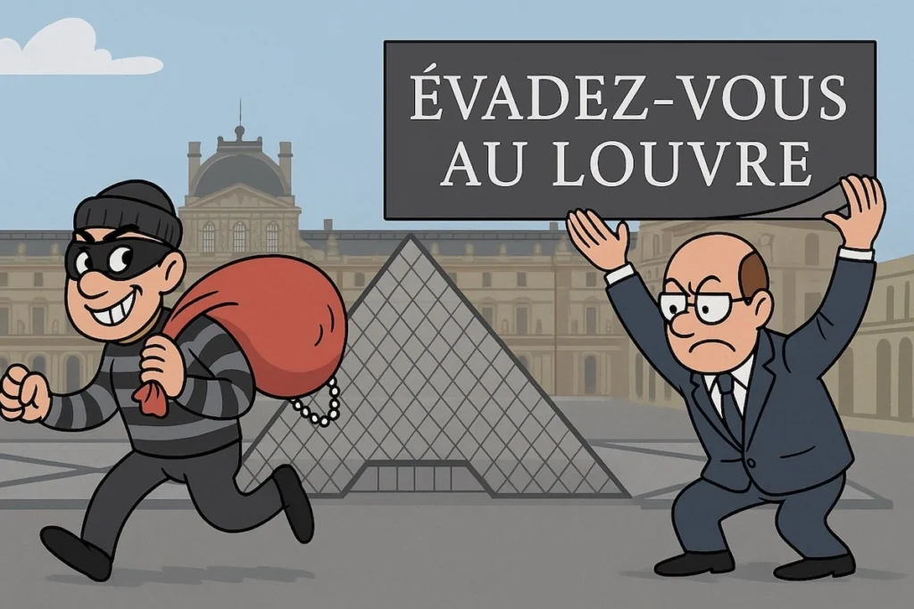 Capture du site du Louvre avant/après le braquage, avec le slogan “Évadez-vous au Louvre” effacé.