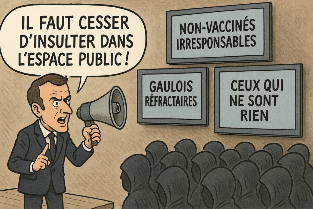 Caricature de Macron dénonçant la fatigue démocratique, entouré d’écrans affichant ses propres insultes.