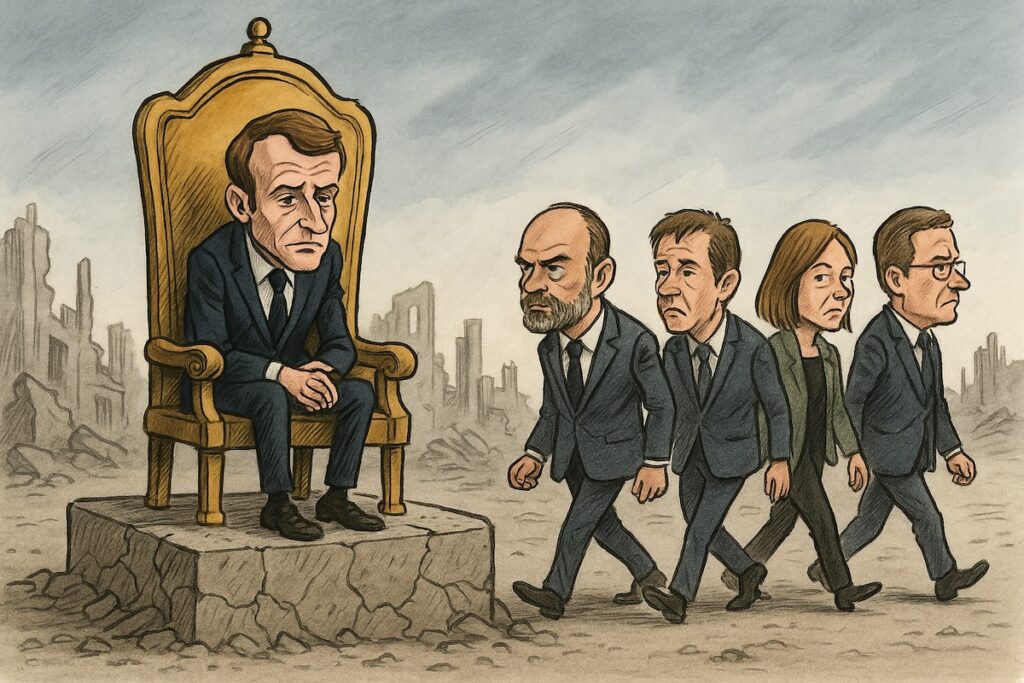 Caricature d’Emmanuel Macron seul sur un trône fissuré, entouré d’ex-Premiers ministres qui s’éloignent, symbolisant sa chute politique