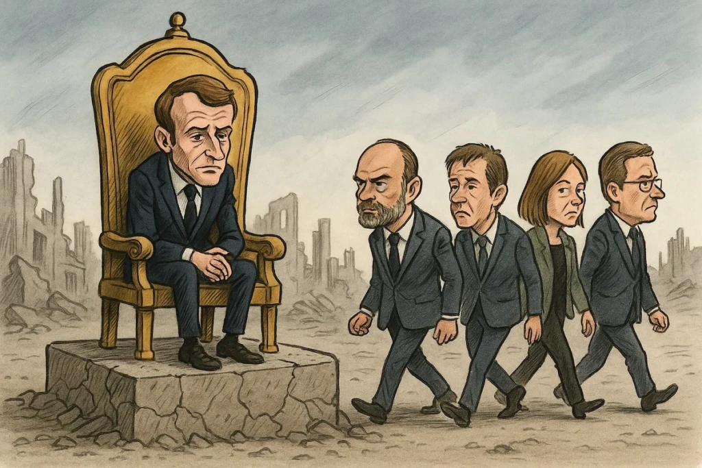 Caricature d’Emmanuel Macron seul sur un trône fissuré, entouré d’ex-Premiers ministres qui s’éloignent, symbolisant sa chute politique