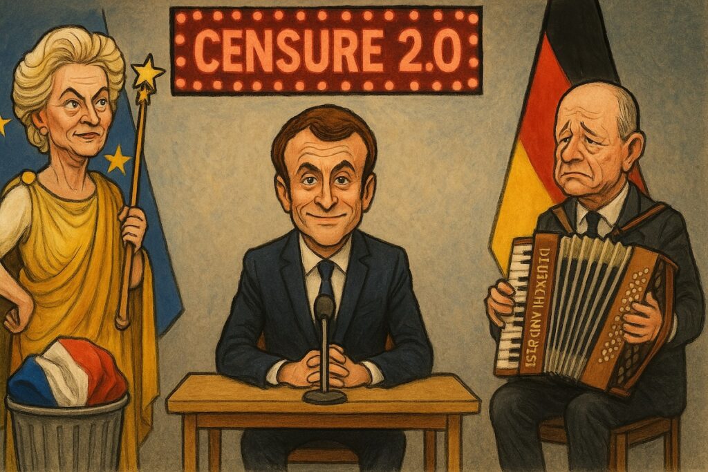 Emmanuel Macron en interview sans drapeau français, décoré seulement de drapeaux européen et allemand.